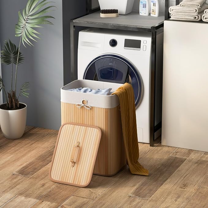 Giantex Bamboo Laundry Hamper with Lid Removable Liner & Handles | 72L Large & Tall Clothes Hamper, Rectangular Laundry Basket for Small Spaces, Laundry Room, Bedroom, Natural
