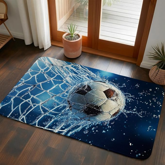 Soccer Ball Bathroom Rugs Non Slip Washable Bath Mat Absorbent Low Pile Front Door Mat Wet Net Power Shot Blue Football Indoor Doormat for Kitchen Entryway Shower Decor Accessories 15.7"x23.6"