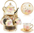 Zhehao 20 Pcs Porcelain Tea Set with Metal Holder and Spoon Adult Ceramic Tea Set European Flower Painting Teapot Cup Saucer Spoon for Women Mom Gift, Large Version (Gorgeous Style)
