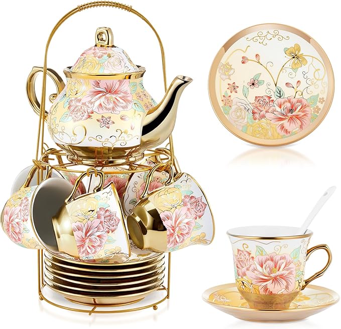 Zhehao 20 Pcs Porcelain Tea Set with Metal Holder and Spoon Adult Ceramic Tea Set European Flower Painting Teapot Cup Saucer Spoon for Women Mom Gift, Large Version (Gorgeous Style)