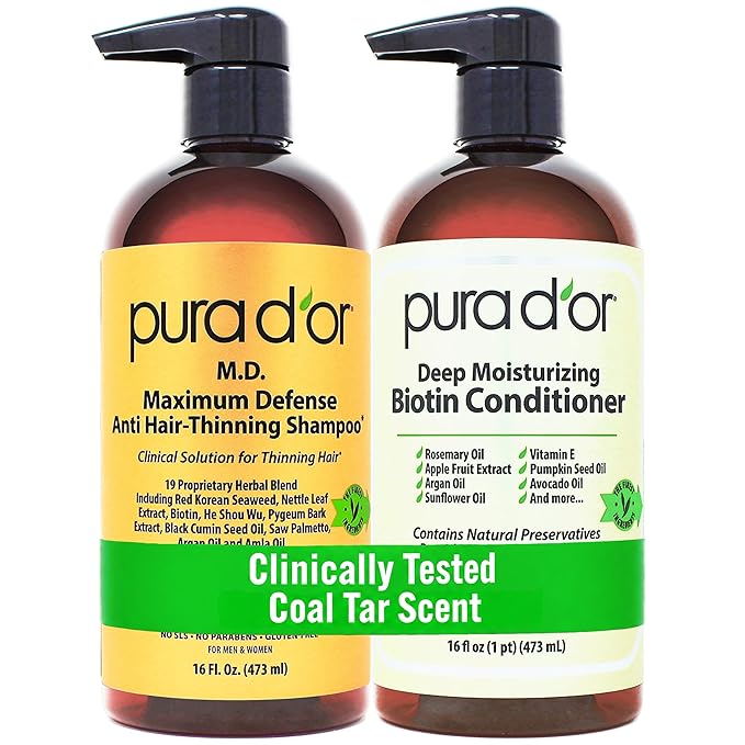 PURA D'OR MD Anti-Thinning Biotin Shampoo & Hair Regrowth Conditioner Set, Maximum Defense Herbal Blend Hair Thickening Products For Women & Men, For Scalp Health, Strong Coal-Tar Scented, 16oz x2