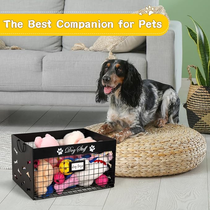 Bfttlity Dog Toy Basket - Large Dog Toy Box with Handles and Label Position Design for Living Room, Metal Dog Toy Bin Storage for Dogs Chew Pets Toys, Blankets, Clothes, Food (Black)