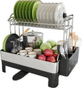 2 Tier Large Stainless Steel Dish Drying Rack with Drain Board | Space Saving, Rust Proof Metal, Automatic Drainage Drainer for Kitchen Counter, Modern Black and Silver for Pots and Pans