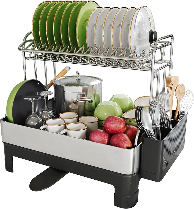 2 Tier Large Stainless Steel Dish Drying Rack with Drain Board | Space Saving, Rust Proof Metal, Automatic Drainage Drainer for Kitchen Counter, Modern Black and Silver for Pots and Pans