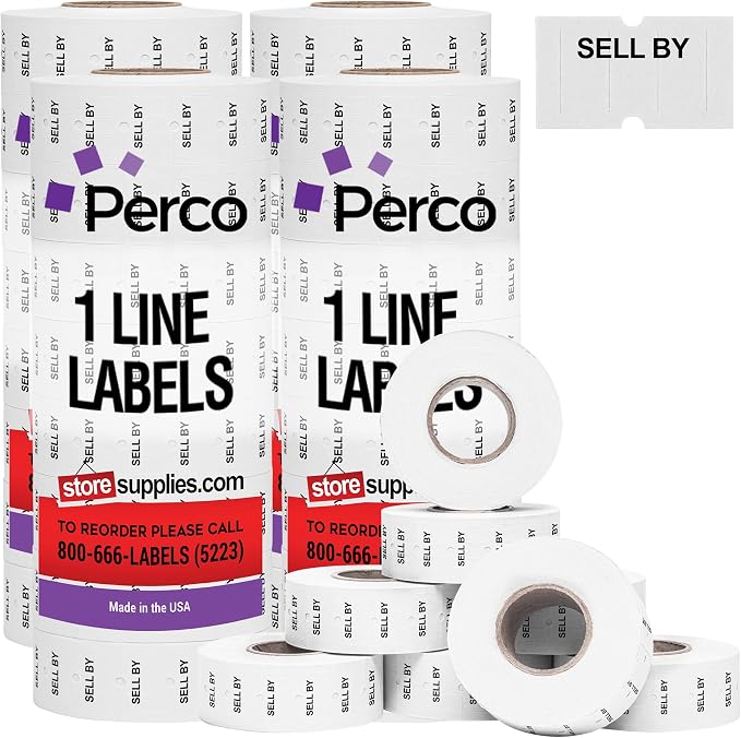Perco 1 Line Sell by Labels - 32,000 "SELL BY" Labels for Perco Lite, X, Plus and Pro 1 Line Date Guns - 32 rolls, 4 Sleeves - Made in USA