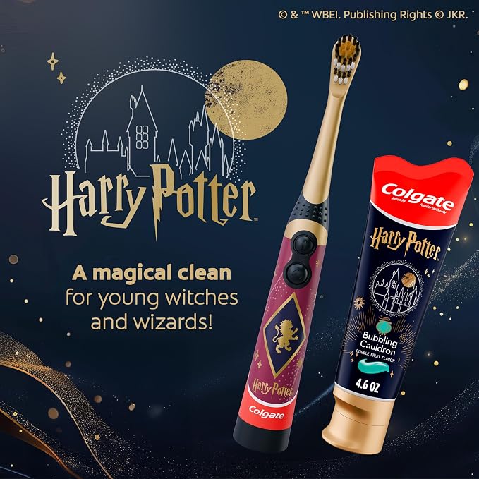 Colgate Harry Potter Kids Toothbrush and Toothpaste Bundle, Battery Powered Vibrating Bristles, Cavity Protection, 8-Piece Set