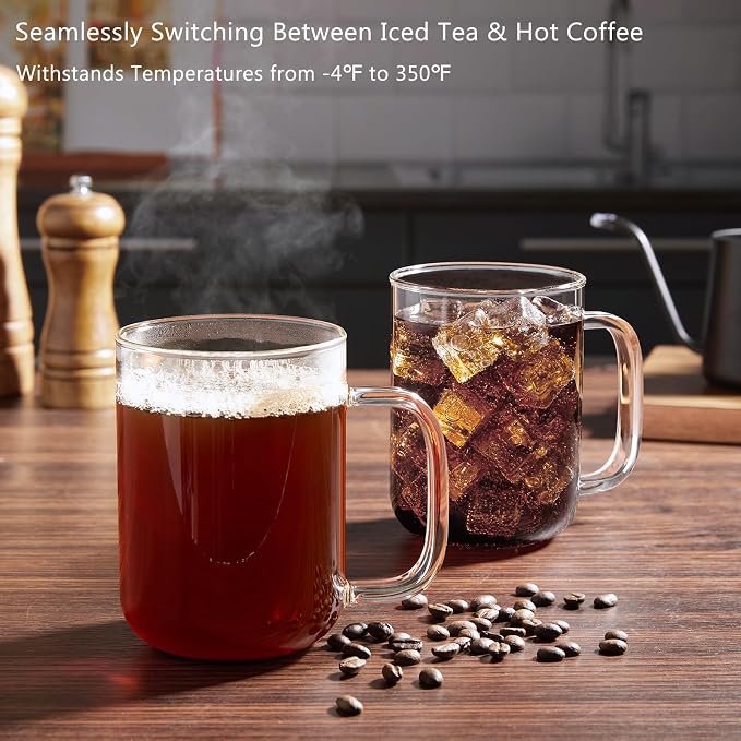 Glass Coffee Mugs, 20 oz Ice Coffee Cups Set of 4, Large Clear Tea Cups, Glass Mugs with Handles for Hot Beverages, Glass Cups for Latte, Cappuccino, and Tea