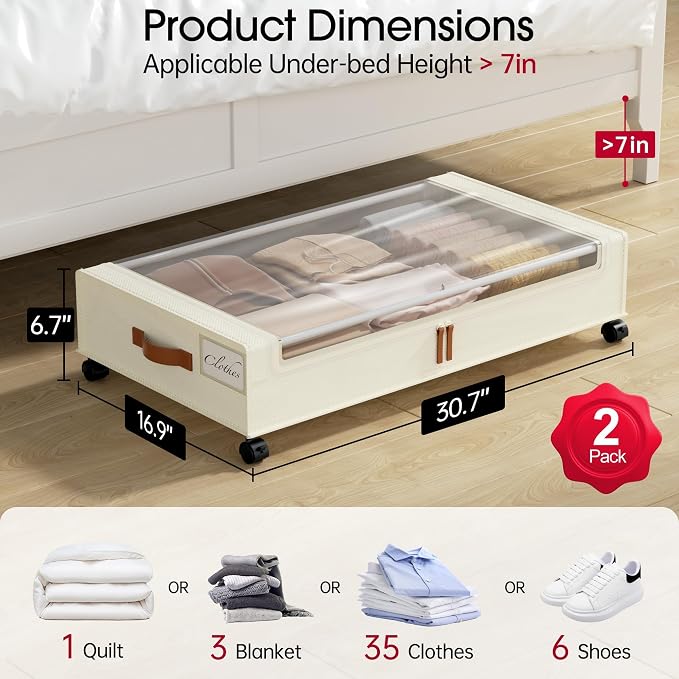 Yecaye 60L Under Bed Storage Containers with Wheels, 2 Pack Under Bed Storage Containers, Underbed Shoe Storage with Clear Window & Label, Rolling Under Bed Metal Drawer for Shoes, Clothes, Beige