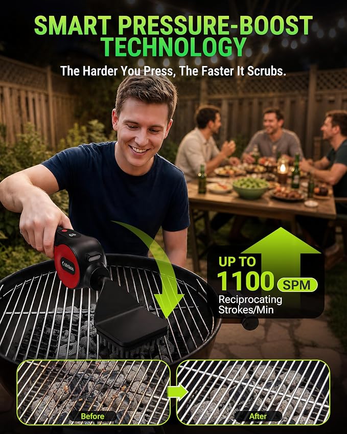 LifeBasis Cordless Electric BBQ Grill Cleaning Brush | Rechargeable with 180-minute Runtime, 3 Replaceable Heads, LED Light and Powerful Reciprocating Cleaning for Outdoor Grates