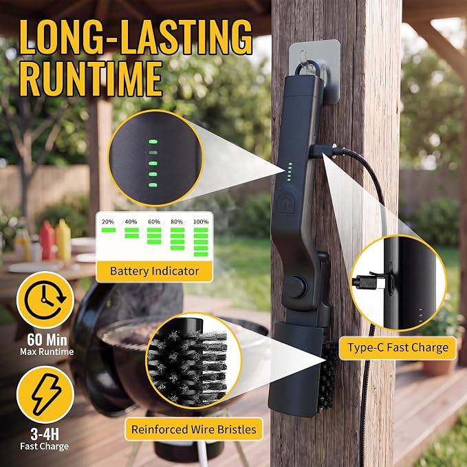 Electric Grill Brush with Grills Cleaning Spray, Cordless Electric Grill Cleaner Kit for Outdoor Grills, 3 Speed Modes & 180°Adjustable Angle, Rechargeable Waterproof Cleaner for BBQ Grates