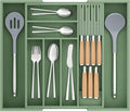 TIOPGHAD Bamboo-Silverware-Drawer-Organizer-Kitchen, Expandable Utensil Holder Cutlery Tray Flatware Organization Adjustable Wood Tableware Dividers Storage (with Removable Knife Block)(Grayish Green)