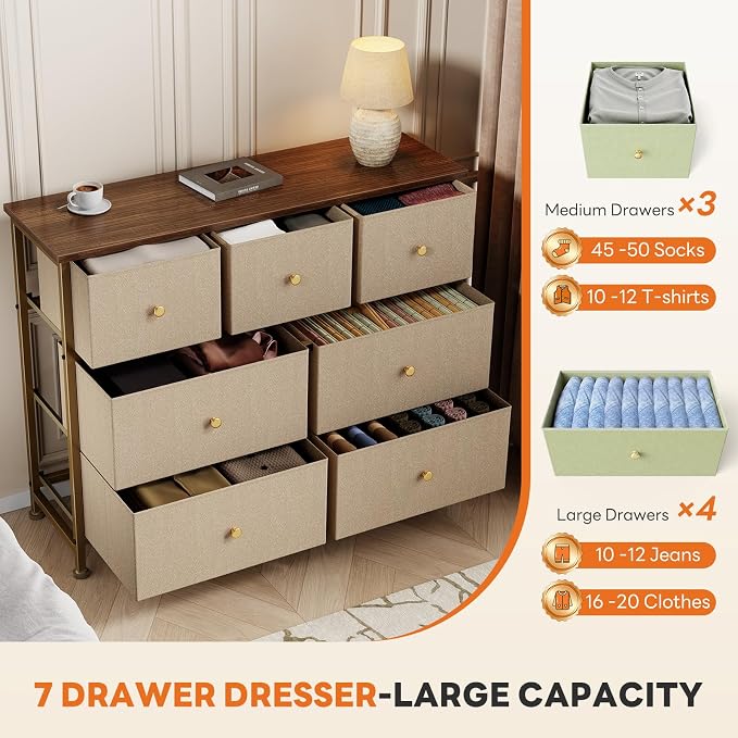 Sweetcrispy 7 Drawer Dresser with Fabric Bins, Fabric Storage Tower Organizer for Bedroom, Closet, Hallway, Entryway, Tall Chest of Drawers with Steel Frame, Wood Top, Large Storage, Khaki