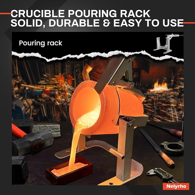 Nelyrho Handheld Crucible Pouring Tongs with Crucible #6 (6kg-13.2lbs) | Includes pouring rack and graphite crucible, designed for use with melting furnaces, casting gold, silver, aluminium, brass