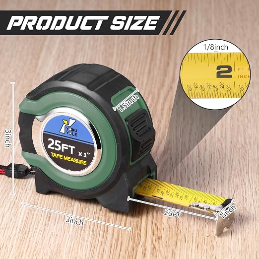 Youyole 10 Pack Tape Measure with Fractions 1/8 Steel Measuring Tape Retractable Easy Read Measurement Ruler Steel Power Blade (25 ft X 1 in,Green)