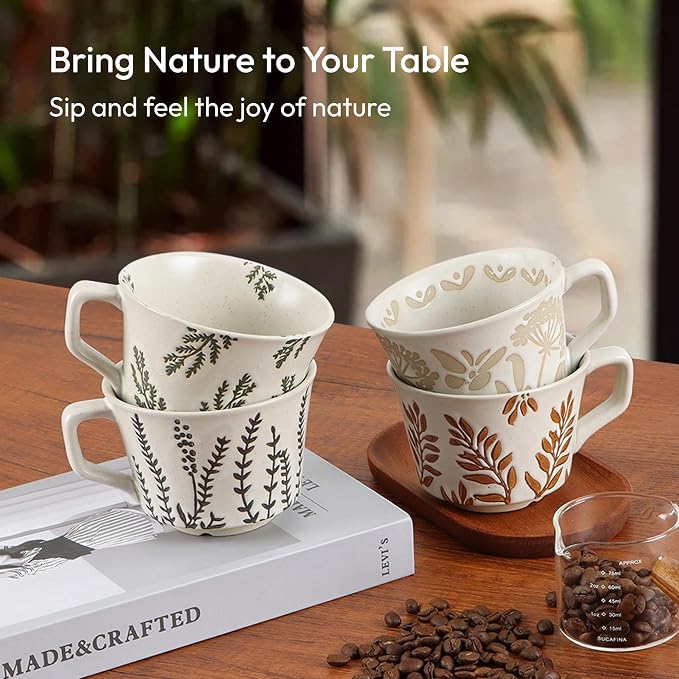 11 oz Ceramic Coffee Mug, Stoneware Teacup with Handle | Small Novelty Unique Cup for Tea Mocha Latte Cappuccino, Microwave Dishwasher Safe (Set of 2, Ivy and Leaf)