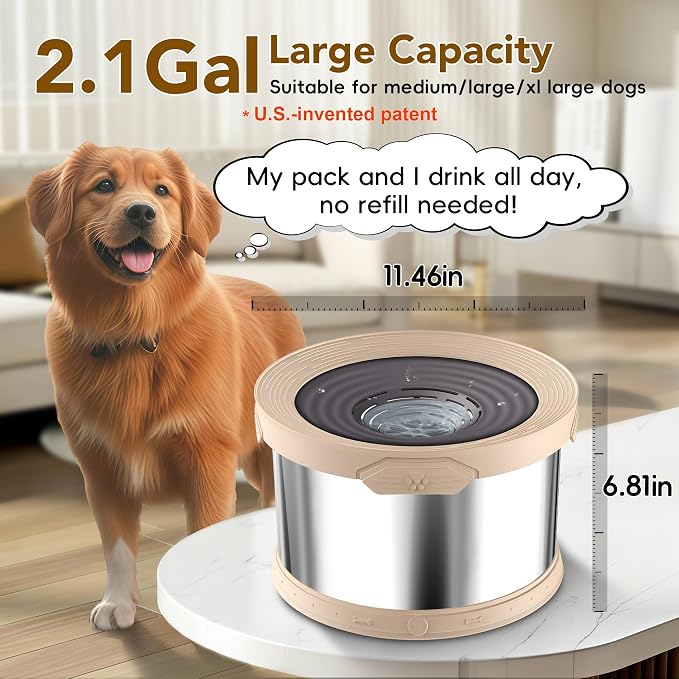 UPSKY 8L Dog Water Bowl No Spill Stainless Steel for Slow Drinking Beige | Large Capacity, Spill-proof, Non-slip Design, Durable, For Large Dogs, Messy Drinkers & Multi-pet Homes, Outdoor / Indoor