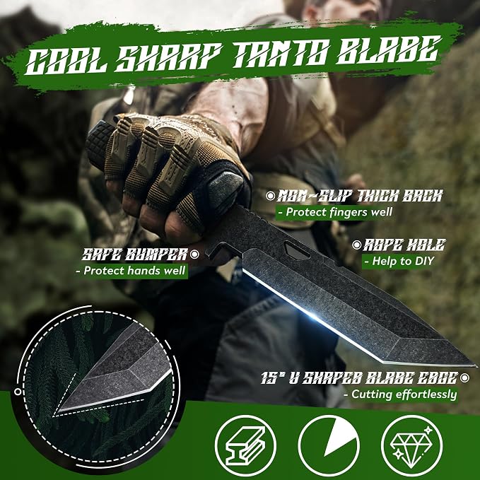 Dragon Creek Tactical Knife Kydex - D2 Steel Outdoor Knife with Sheath | Black G10 Full Tang Handle for Outdoor Survival Camping Hiking Thanksgiving Gift Men