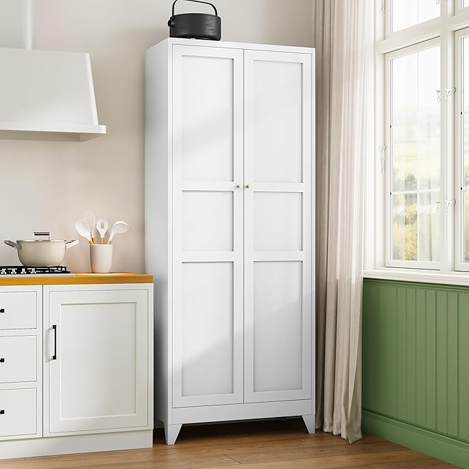 75" H Metal Storage Cabinet with 2 Doors and 4 Shelves,Tall Kitchen Pantry Cabinets,Farmhouse Utility Pantry Organizers for Cupboard/Dining/Bathroom/Home Office/Garage Room,White