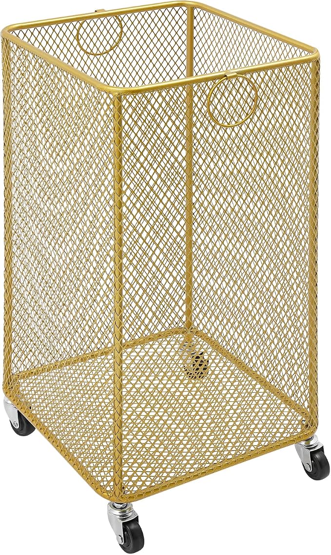 Laundry Hamper with Wheels, Rolling Laundry Basket Cart, Square Metal Mesh Clothes Storage Organizer Hamper with Metal Pull Handle for Laundry Room and Bedroom(Gold, 11.8" x 11.8" x 21.7")