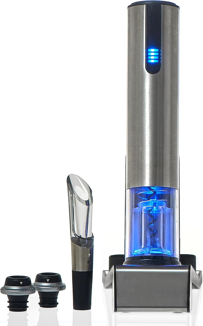 Wine Enthusiast 2-in-1 Electric Blue Automatic Wine Bottle Opener and Preserver Set – Fully Electric Corkscrew with Charging Station – Seal Bottle with Vacuum Stopper (7 Piece Set)