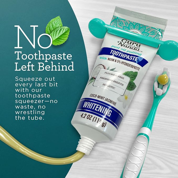 GuruNanda Hydroxyapatite Toothpaste for Whitening with Neem & Xylitol, SLS & Fluoride Free (4 Pack) - Freshens Breath, Fights Plaque - with 2 Toothbrushes, 2 Tongue Scrapers & 2 Tube Squeezers