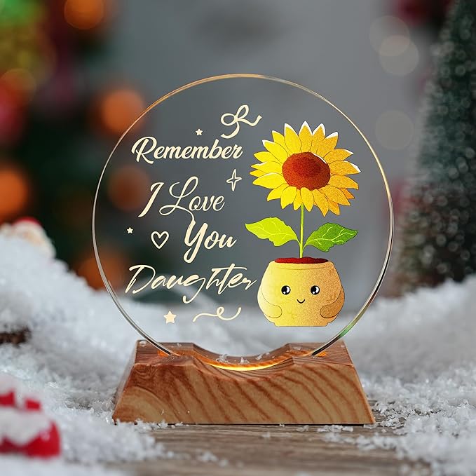 ZHSHWAT Daughter Gifts-LED Crystal Sunflower Night Light with Remember I Love You Text, Perfect for Birthday, Christmas and Special Days