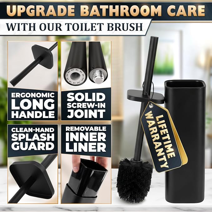 Black Toilet Brush with Square Stainless Steel Holder - Freestanding Toilet Brush and Holder Set Black - Removable Plastic Inner Cup, Splash Guard Cover, Replaceable Head, Corrosion Resistant Finish