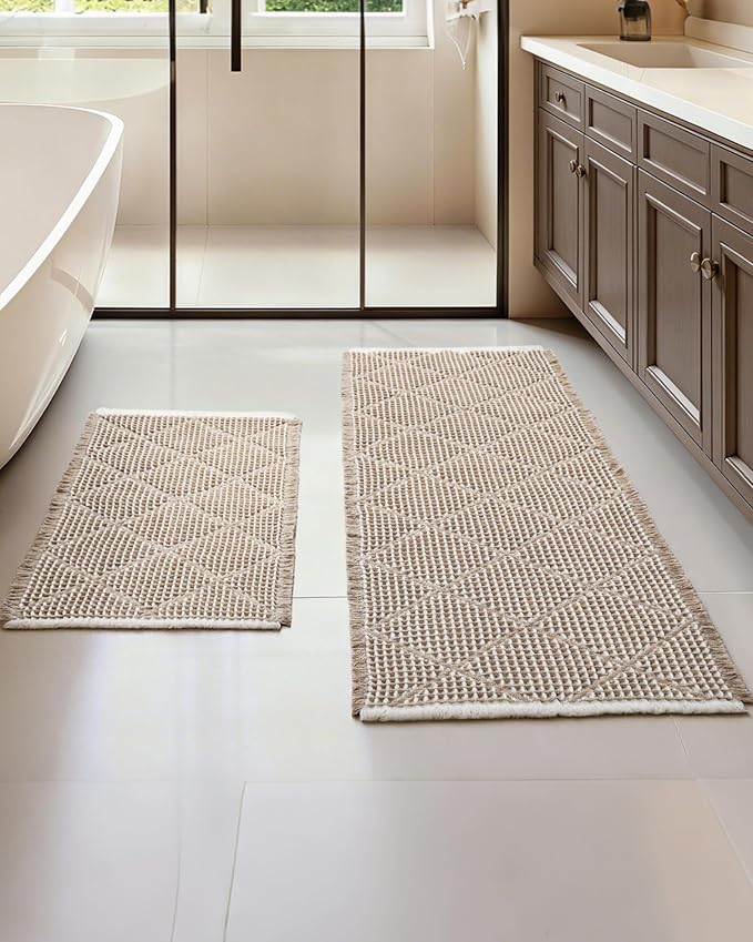 Furicher Waffle Bath Mat Set, Non Slip Bathroom Rugs Sets 2 Piece, Ultra Absorbent Long Bath Rug Runner for Bathroom Boho Chic Decor, Machine Washable Floor Mats, Brown & White, 20"×47" Plus 18"×30"
