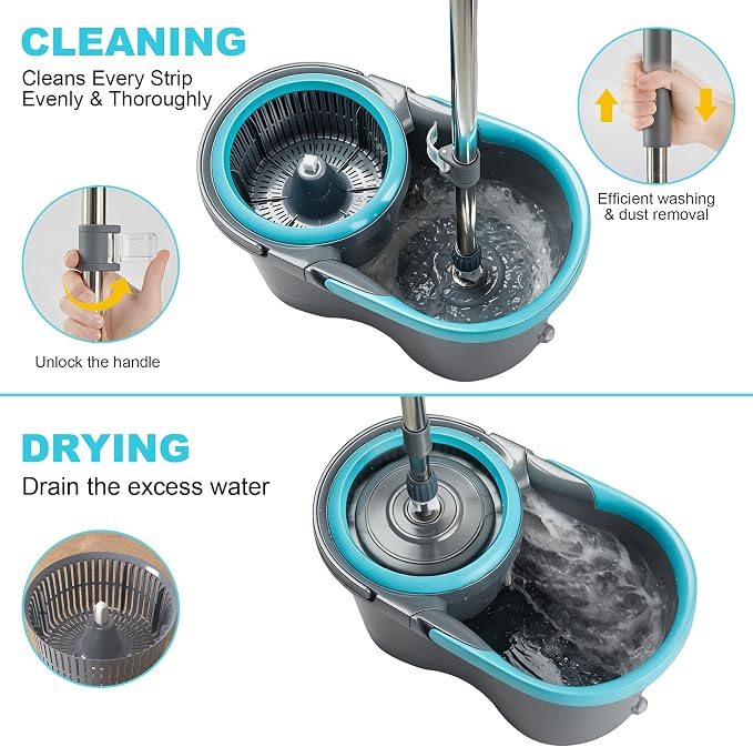 JOYMOOP Spin Mop and Bucket, 360° Mop Head & Telescopic Handle, Wet and Dry Use, 4 Reusable Microfiber Refills, Hands-Free Cleaning for Hardwood, Tile, Laminate Floors & Walls