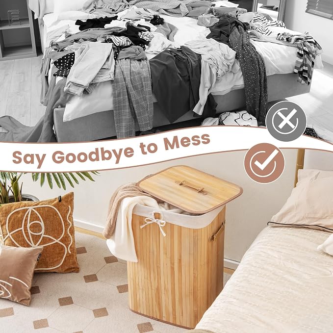 Giantex Bamboo Laundry Hamper with Lid Removable Liner & Handles | 72L Large & Tall Clothes Hamper, Rectangular Laundry Basket for Small Spaces, Laundry Room, Bedroom, Natural