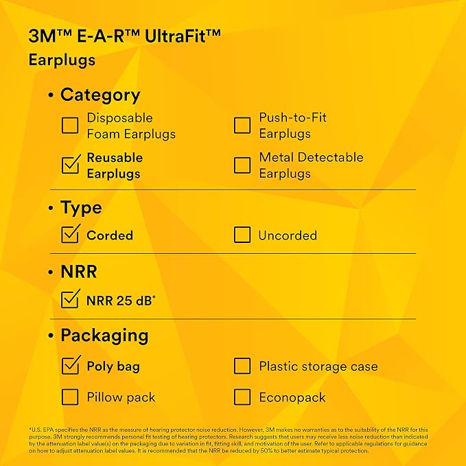 3M E-A-R UltraFit Corded Ear Plugs 340-4004, 100-Pair, Yellow, Poly Bag 3404004