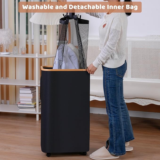 Laundry Basket with Wheels, 110L Black Clothes Hamper for Laundry, Laundry Hamper with Lid and Inner Bag, for Laundry Room, Bedroom, Dormitory Storage,Black