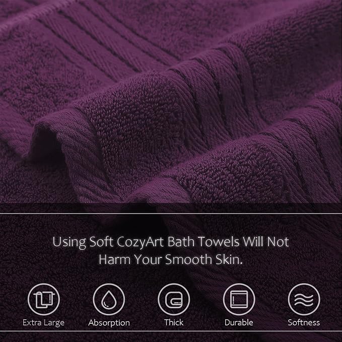 COZYART Luxury Bath Towels 2 PCS, Purple 100% Turkish Cotton 650 GSM | OEKO-Tex 100 Certified Zero Twist Ring Spun, Soft Absorbent Quick Dry, Plush Fluffy, Breathable Hotel Quality for Daily Use