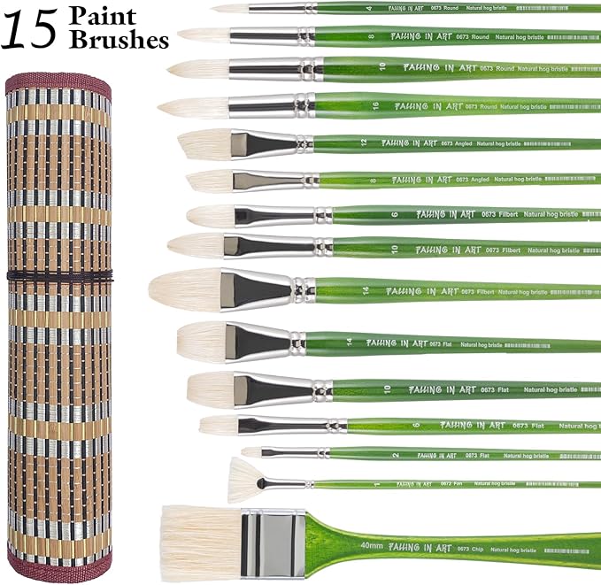Falling in Art Natural Bristle Professional Paintbrush Set, 15PCS Long Handle Brushes for Acrylic Painting, Oil Paint Brushes of Fan, Round, Flat, Angled, and, Filbert with Storage Pouch, Green