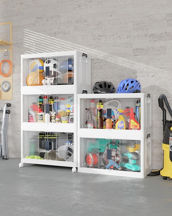 OlarHike 97QT Stackable Storage Bins with Lids - Folding Storage Box with Doors & Wheels, Collapsible Plastic Drawers for Closets and Organization, Garage, College, School, Shelves, Dorm, 5 Pack Cubes