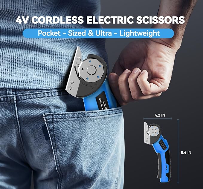 Cordless Electric Scissors,4V Rechargeable Cardboard Cutter Heavy Duty Scissor with Safety Lock & LED Light for Box Carpet Plastic Fabric(Blue)