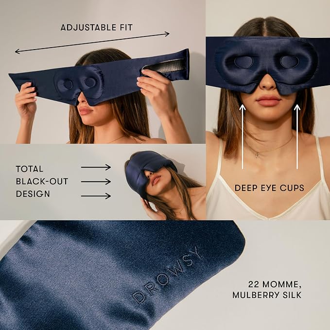 DROWSY Eyelash Protecting Silk Sleep Mask for Natural Lashes & Extensions. Deep Eye Cups, Zero Pressure, Total Blackout, Full Wraparound (Midnight Blue)