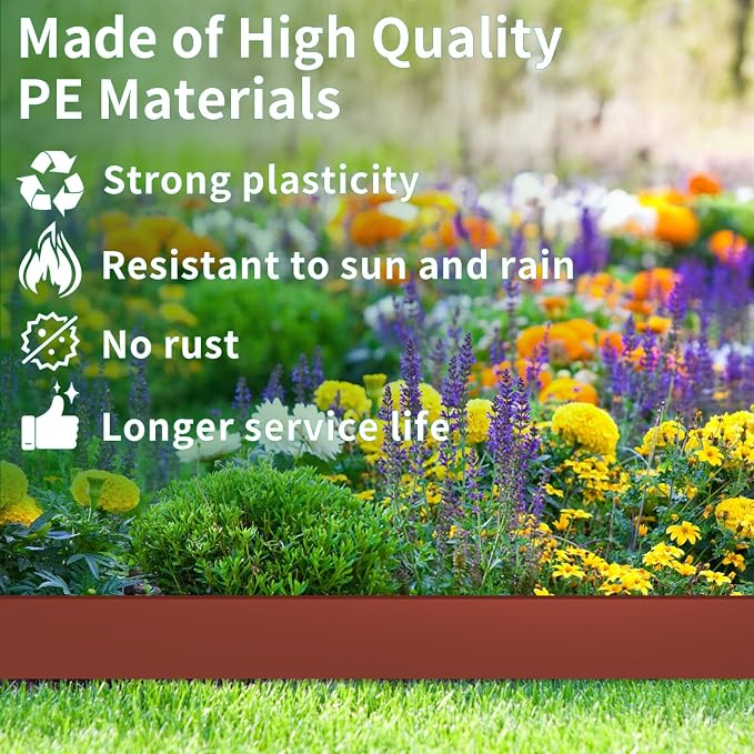 AggFencer Landscape Edging 4in Garden Edging Borders No Dig 50ft | Flexible Landscaping Edging Kit for Flower Bed Lawn Yard Grass Brown with 92 Pcs Spikes