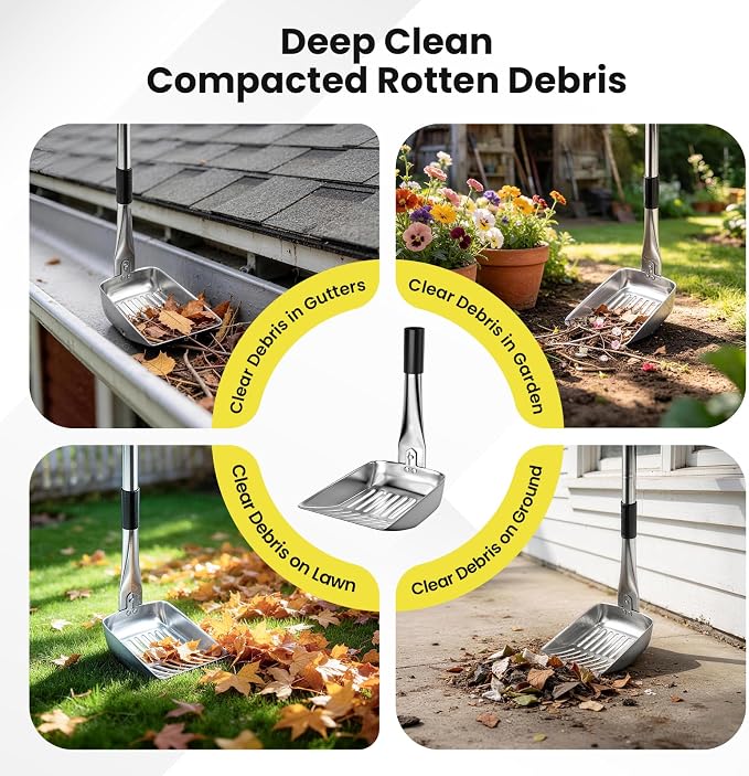 12 FT Gutter Cleaning Tools for Outdoor - Gutter Cleaner Pole with Shovel & Brush for Roof Rain Gutters, Cleans Leaves, Branches & Debris - No Ladder Needed (Yellow)