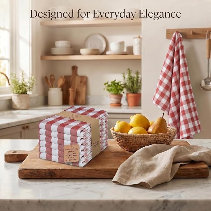 Urban Villa Kitchen Towels Set of 6 Buffalo Checks Rust Kitchen Towels 20X30 Inches 100% Cotton Highly Absorbent Kitchen Towels Premium Quality Ultra Soft Mitered Corners KitchenTowels