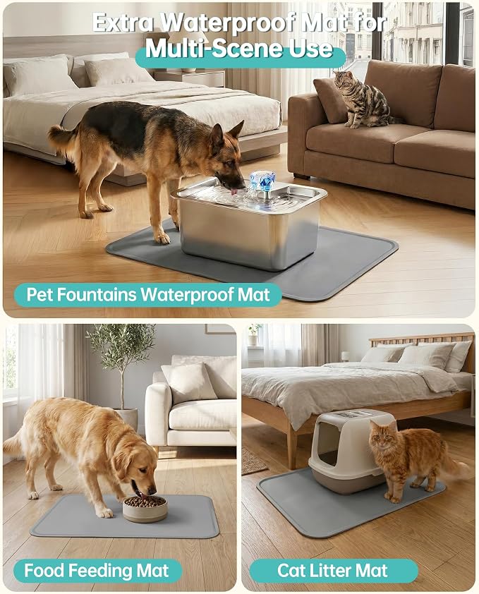 Pet Water Fountain Mat, 24" x 16" Food Grade Silicone Waterproof Mat with Raised Edge, Non Slip Easy Clean Splash Proof Floor Pad for Cat Dog Water Dispenser, Grey
