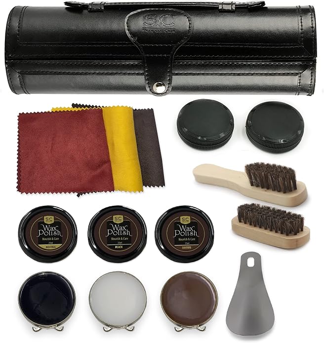 Stone and Clark Leather Shoe Shine Kit - 13 PCS Shoe Polish Kit for Complete Leather Boot Care, Compact & Travel Friendly