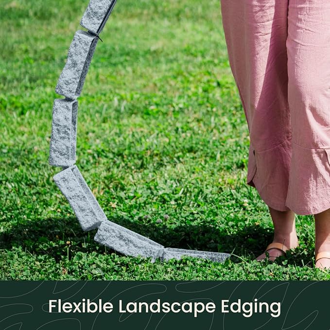 Landscape Edging | Garden Edging Border | Polyrock Bricks for Lawn Edging, Flower beds, Pathways & Yard Edging– 4 Packs | Each Section Has 6 Bricks 48" L x 4" W x 2.25" H | 12 Spikes |Greystone