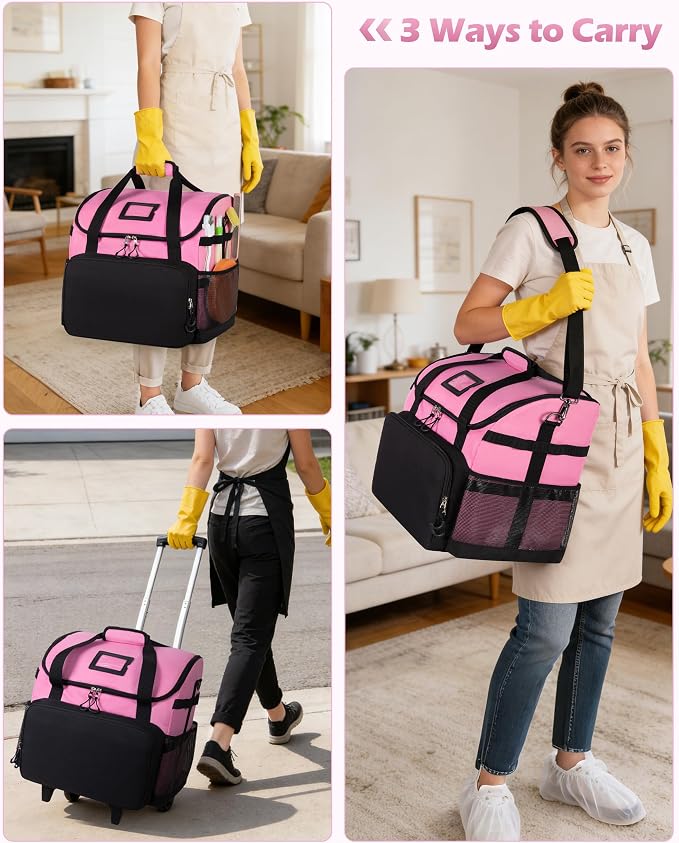 Marscamd Large Rolling Cleaning Caddy Bag with Detachable Trolley, Cleaning Supplies Organizer with Wheels for Housekeepers, Pink