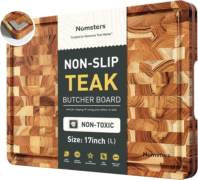 Teak Wood End Grain Cutting Board for Kitchen with Non-slip Feet, Heavy Duty Checkered Cutting Board Upgraded Chopping Board with Juice Groove & Handle Large Wooden Butcher Block with Gift Box