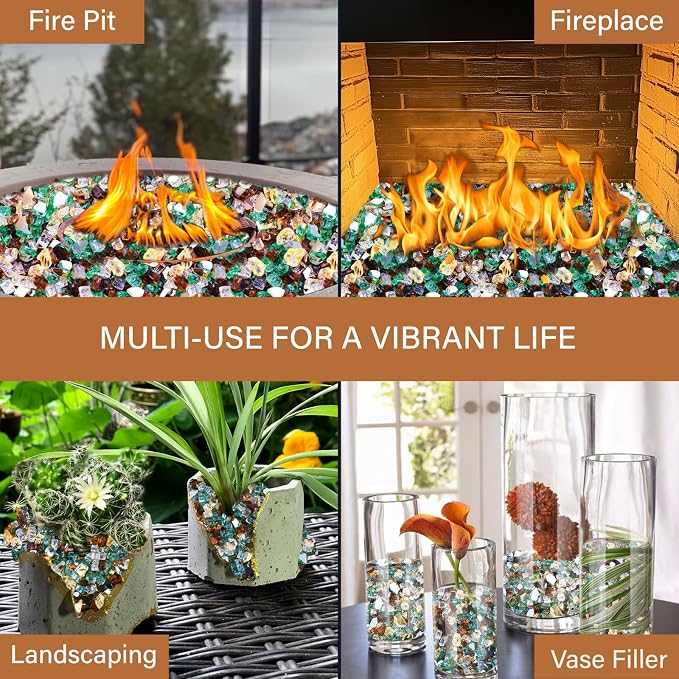 NUPICK 10 Pound Fire Glass, 1/4 Inch Reflective Fire Pit Glass | Fire Pit Rocks for Propane or Natural Gas, Glass Rocks for Fire Pit Table, Fireplace, Fire Bowl, Gold & Green & Copper Mix
