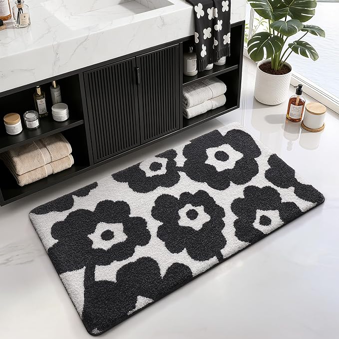 LUMI Bathroom Rugs Cute Floral Design, Soft Absorbent Microfiber Bath Mat Non-Slip, Machine Washable Quick Dry Luxury Rug Flower Black and White for Floor, Bathtub, Home Decor, 24"x36"