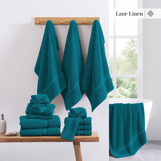 LANE LINEN Bath Towel Set 100% Cotton 3 Piece Soft Absorbent - Sea Port | Cotton Towel Set - Densely Woven, Coordinated Colors, Dobby Border Accent, OEKO-TEX Certified, Zero-Twist Durability