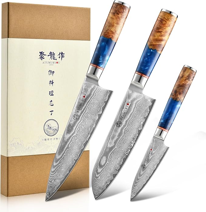 Japanese Chef Knife Set 3 Pcs, 67-Layer Damascus Kitchen Knife Set with VG10 Steel Core, Professional Sharp Damascus Knives with Ocean-Blue Ergonomic Handle, Include Elegant Cooking Gifts Box
