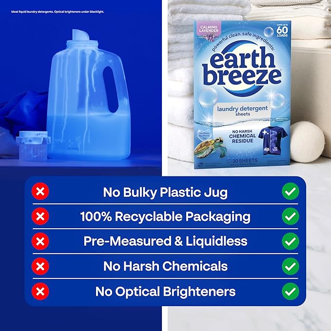 Earth Breeze Laundry Detergent Sheets Calming Lavender - 60 Loads - Eco Laundry Sheets - Travel Laundry Soap Sheets for Hot & Cold Cycles - Tackles Tough Stains & Odors - Gentle on Skin, 30 Ct